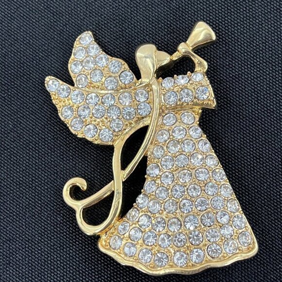 Vintage Monet Brooch Signed Pave Rhinestones Gold Tone Pin, Angel w/ Trumpet - Picture 1 of 5